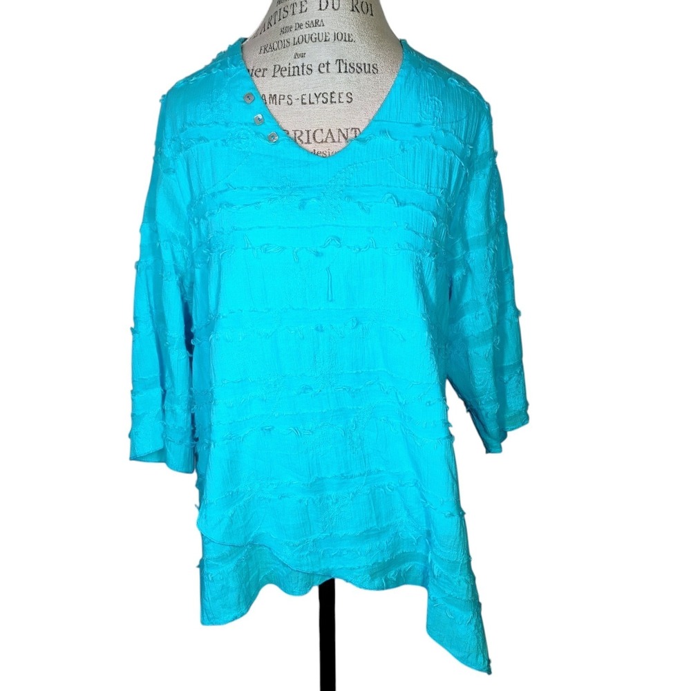 Lulu B Top Women Size XL Blue 3/4 Sleeve Asymmetric Embroidered Casual Lagenlook